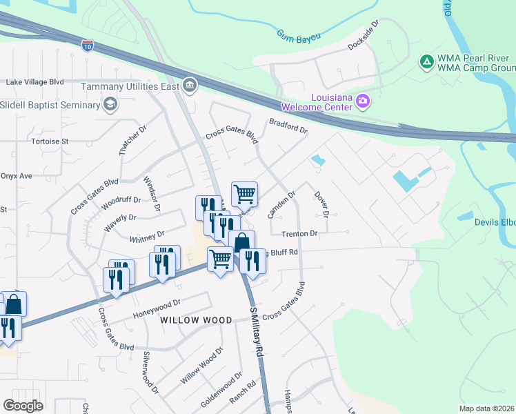 map of restaurants, bars, coffee shops, grocery stores, and more near 227 Camden Street in Slidell