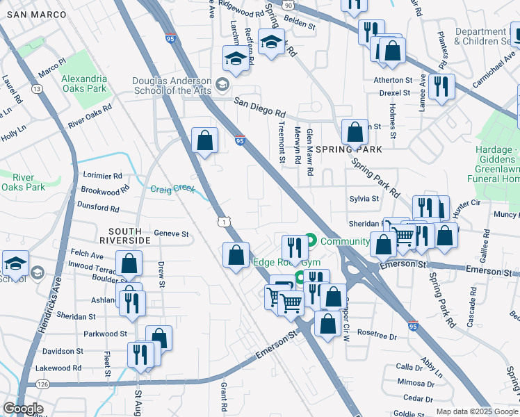 map of restaurants, bars, coffee shops, grocery stores, and more near 2931 Stonemont Street in Jacksonville