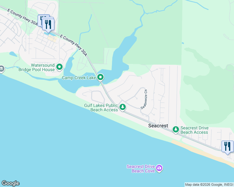 map of restaurants, bars, coffee shops, grocery stores, and more near 115 Seabreeze Court in Seacrest