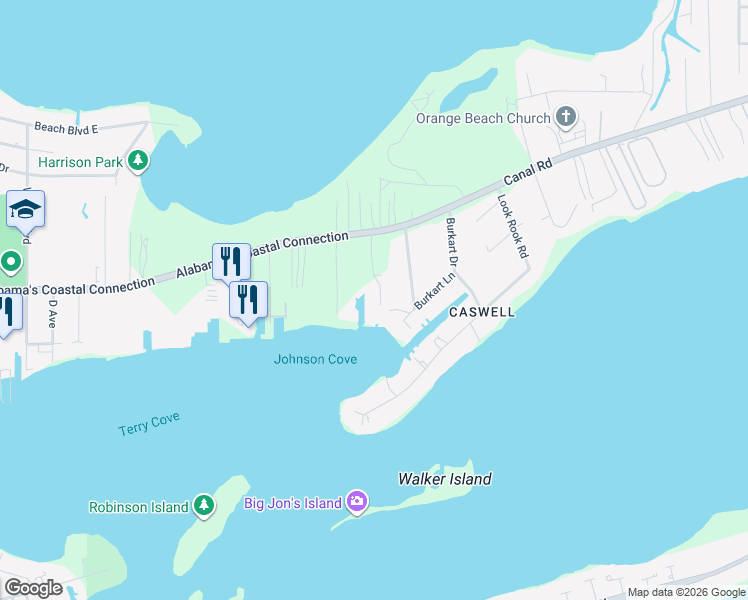 map of restaurants, bars, coffee shops, grocery stores, and more near 4610 White Avenue in Orange Beach