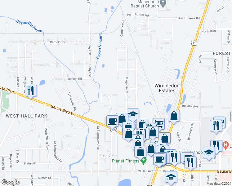 map of restaurants, bars, coffee shops, grocery stores, and more near 500 Cypress Street in Slidell