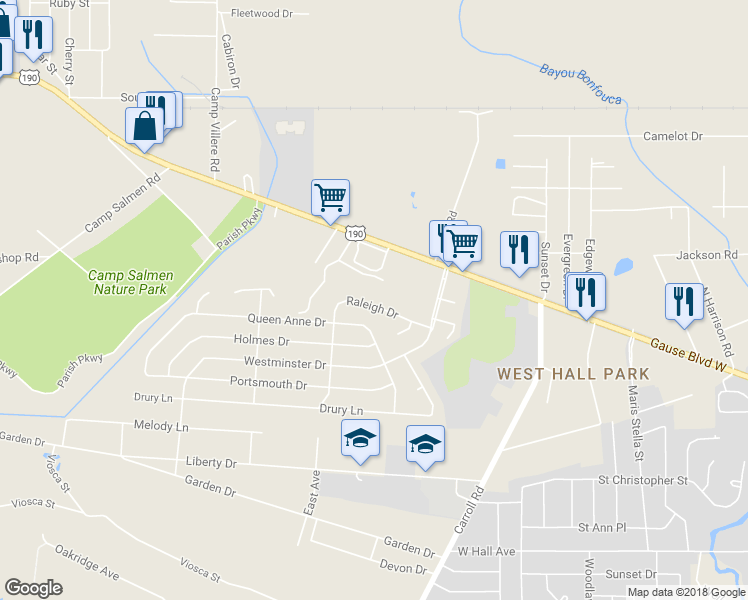 map of restaurants, bars, coffee shops, grocery stores, and more near 310 Raleigh Drive in Slidell