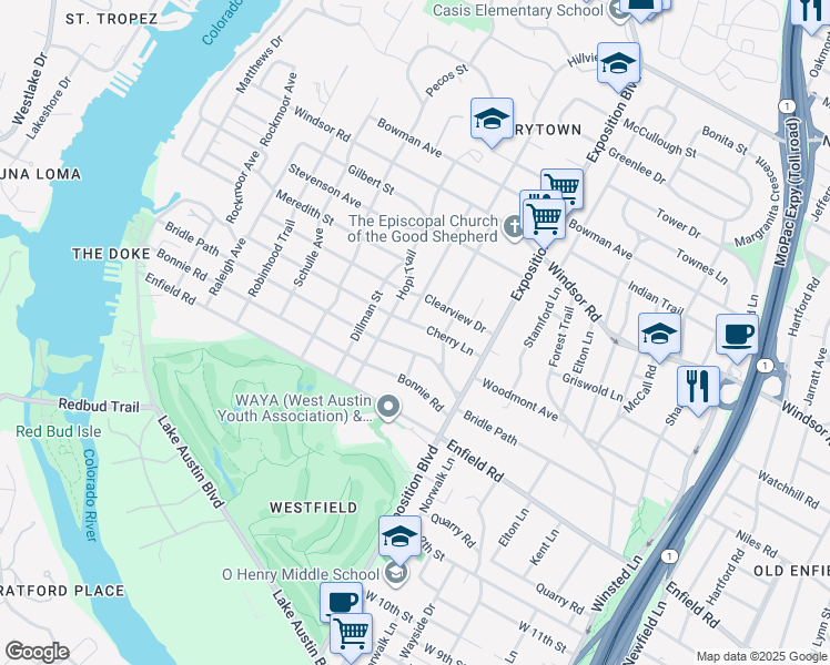 map of restaurants, bars, coffee shops, grocery stores, and more near 2911 Cherry Lane in Austin