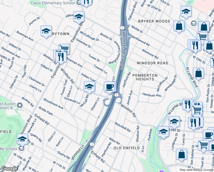 map of restaurants, bars, coffee shops, grocery stores, and more near 2006 Indian Trail in Austin