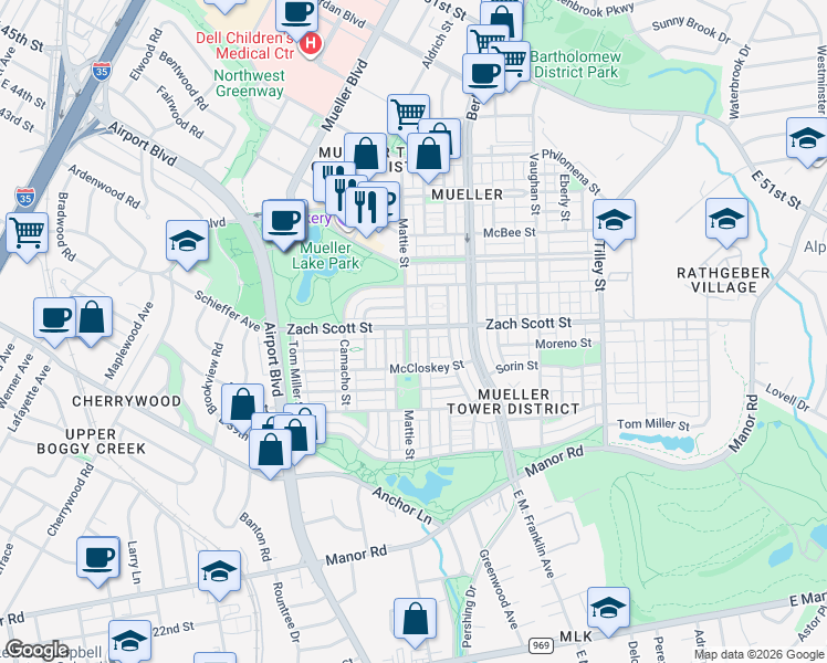 map of restaurants, bars, coffee shops, grocery stores, and more near 2201 Zach Scott Street in Austin