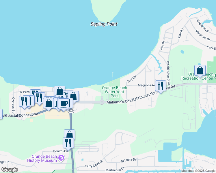 map of restaurants, bars, coffee shops, grocery stores, and more near 26425 Canal Road in Orange Beach