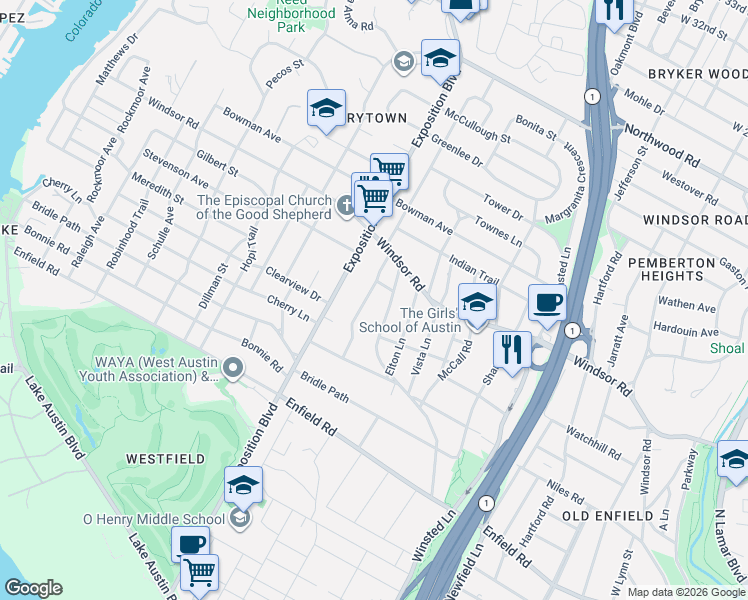 map of restaurants, bars, coffee shops, grocery stores, and more near 2003 Stamford Lane in Austin