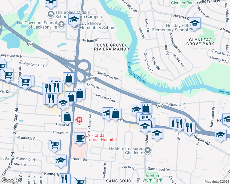 map of restaurants, bars, coffee shops, grocery stores, and more near 1530 Ryar Road in Jacksonville