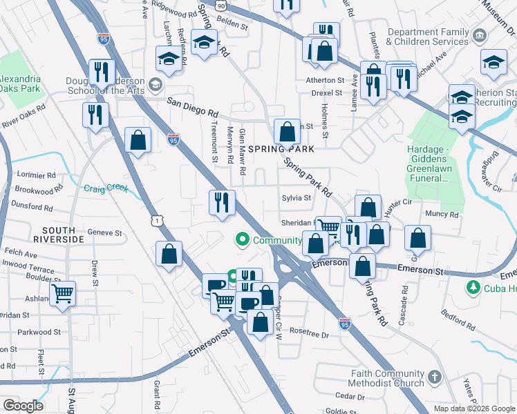map of restaurants, bars, coffee shops, grocery stores, and more near 2851 Seville Court in Jacksonville