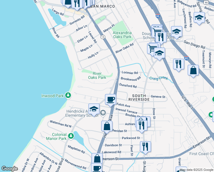 map of restaurants, bars, coffee shops, grocery stores, and more near 1221 Oriental Gardens Road in Jacksonville