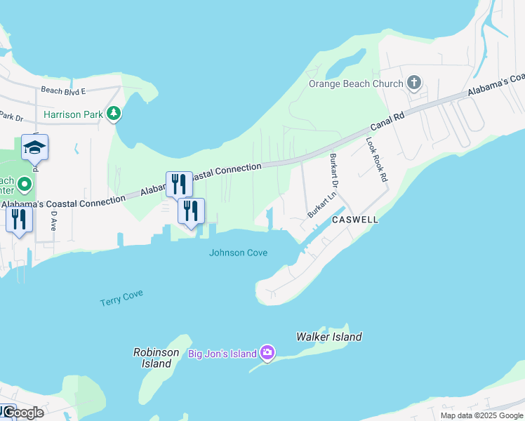 map of restaurants, bars, coffee shops, grocery stores, and more near 4610 White Avenue in Orange Beach