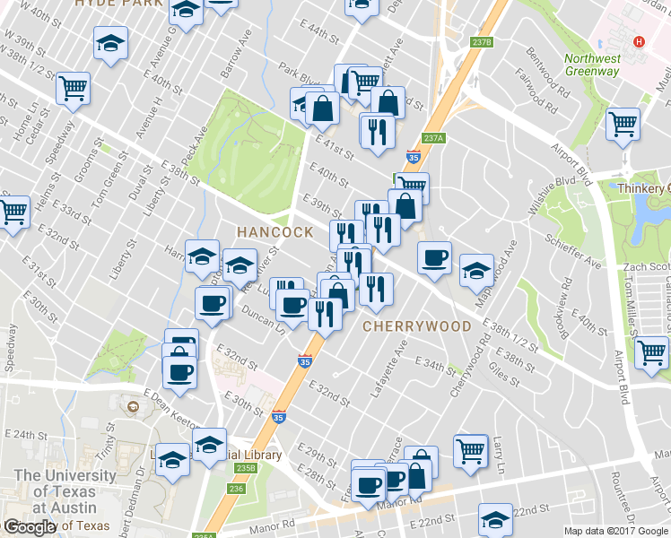 map of restaurants, bars, coffee shops, grocery stores, and more near 3701 North Interstate Highway 35 in Austin
