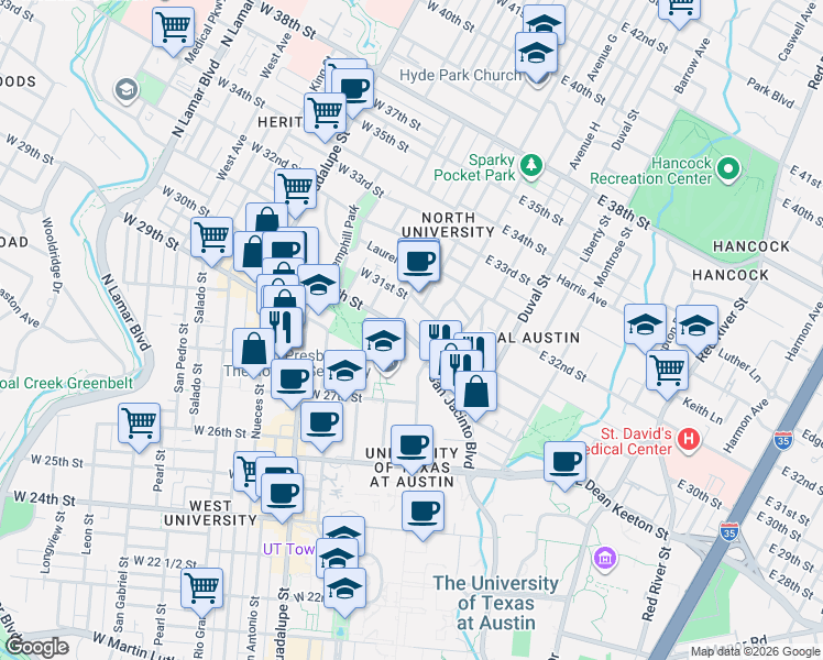 map of restaurants, bars, coffee shops, grocery stores, and more near 105 East 30th Street in Austin