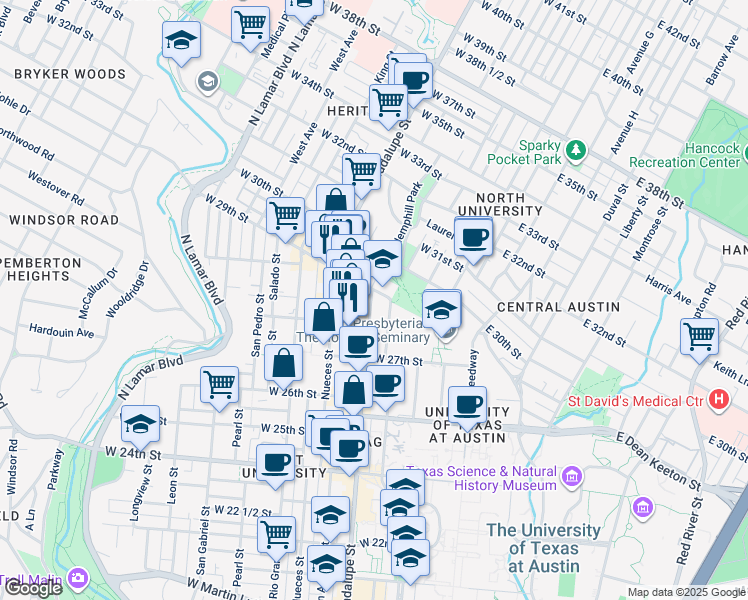 map of restaurants, bars, coffee shops, grocery stores, and more near 2801 Guadalupe Street in Austin