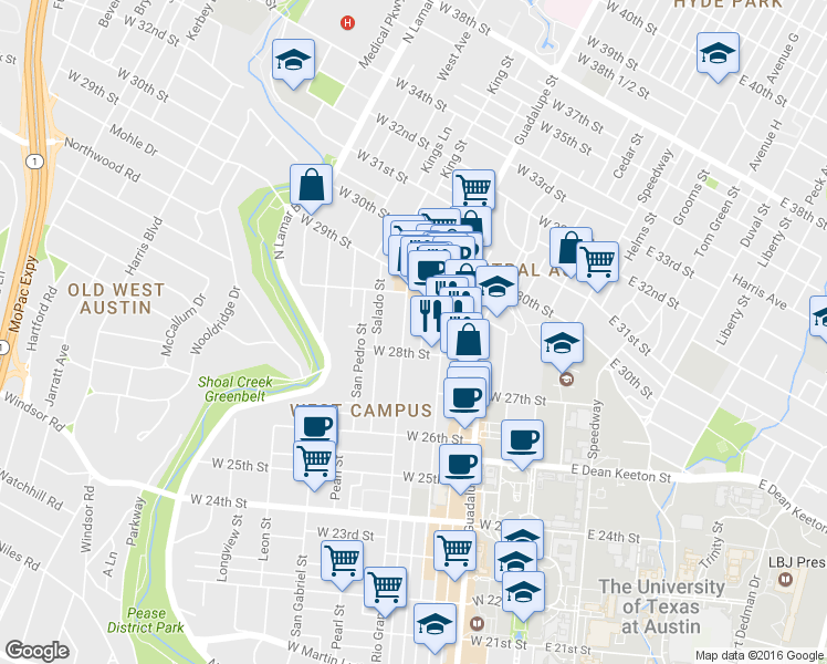 map of restaurants, bars, coffee shops, grocery stores, and more near 2806 Nueces Street in Austin