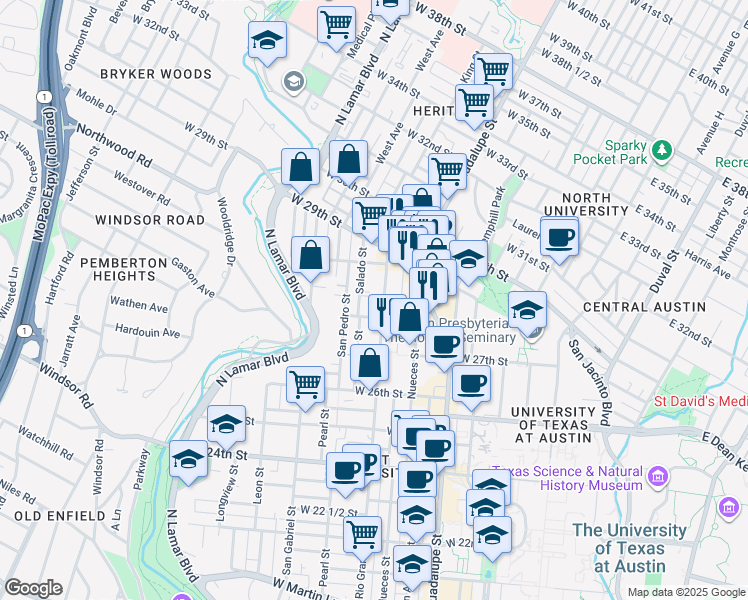 map of restaurants, bars, coffee shops, grocery stores, and more near 2804 Rio Grande Street in Austin