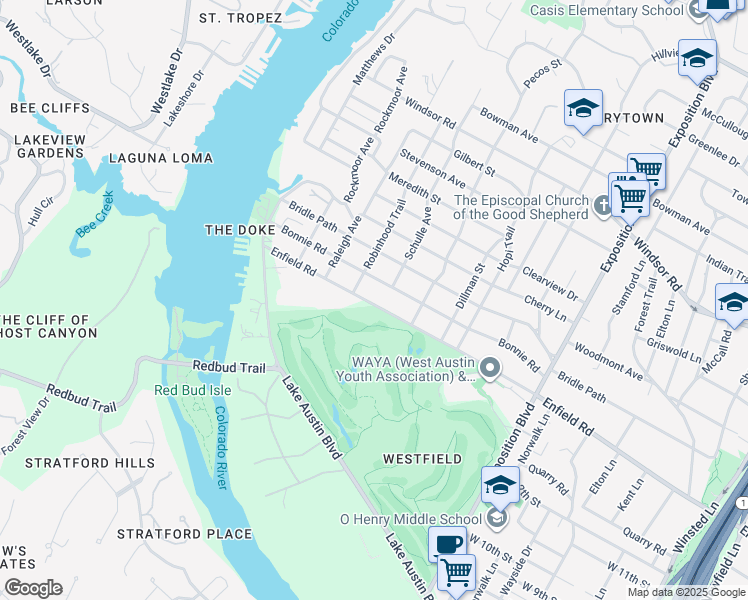map of restaurants, bars, coffee shops, grocery stores, and more near 3402A Enfield Road in Austin