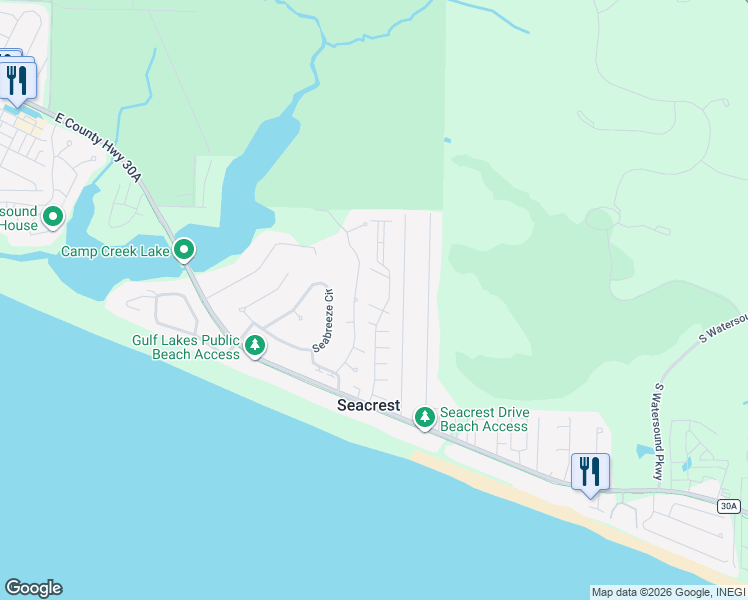 map of restaurants, bars, coffee shops, grocery stores, and more near 34 Creek Park Lane in Seacrest
