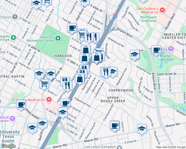 map of restaurants, bars, coffee shops, grocery stores, and more near 3712 Robinson Avenue in Austin