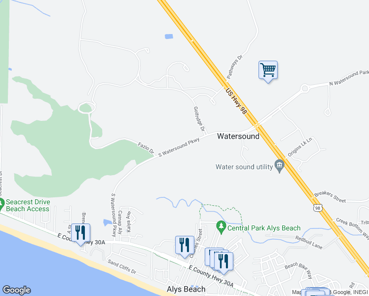 map of restaurants, bars, coffee shops, grocery stores, and more near South Watersound Parkway in Panama City Beach