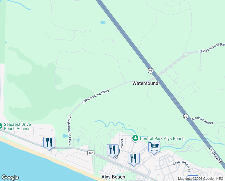 map of restaurants, bars, coffee shops, grocery stores, and more near South Watersound Parkway in Panama City Beach