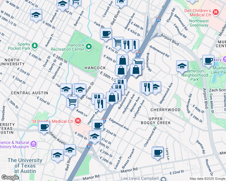 map of restaurants, bars, coffee shops, grocery stores, and more near 3703 Harmon Avenue in Austin