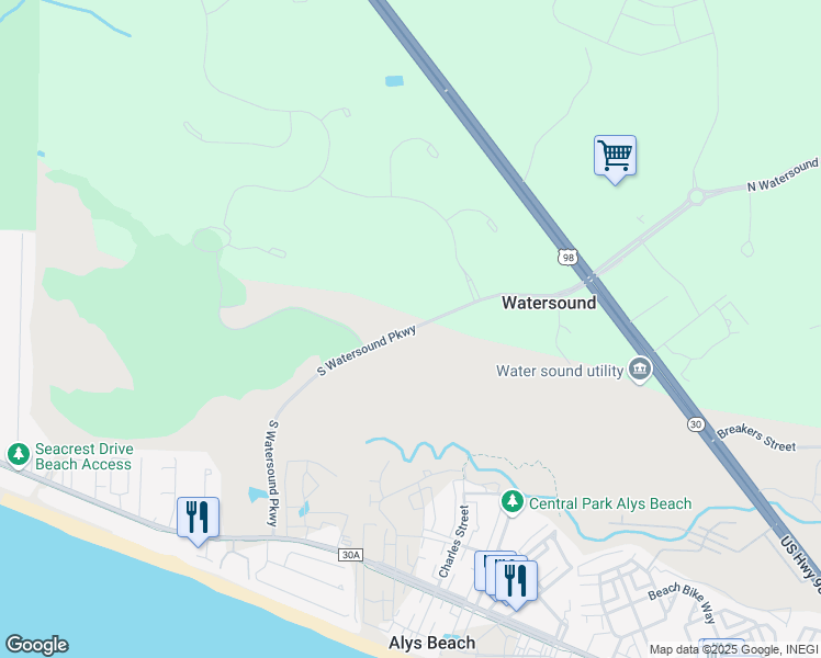map of restaurants, bars, coffee shops, grocery stores, and more near South Watersound Parkway in Panama City Beach