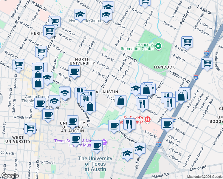 map of restaurants, bars, coffee shops, grocery stores, and more near 3213 Liberty Street in Austin