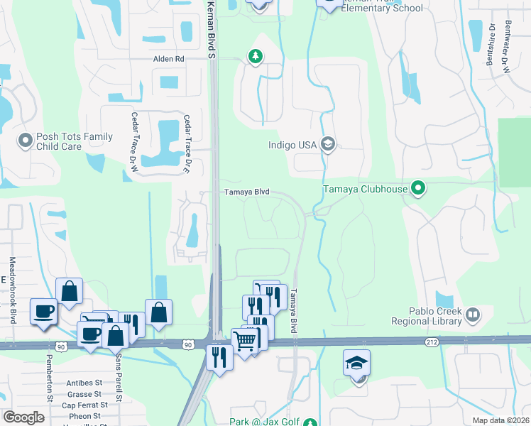 map of restaurants, bars, coffee shops, grocery stores, and more near 3050 Tamaya Boulevard in Jacksonville