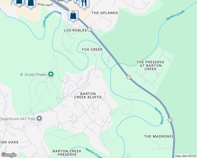 map of restaurants, bars, coffee shops, grocery stores, and more near 9 Spanish Oaks Club Boulevard in Austin