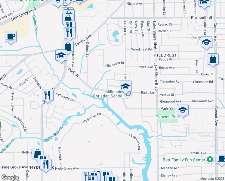 map of restaurants, bars, coffee shops, grocery stores, and more near 6054 Park Street in Jacksonville