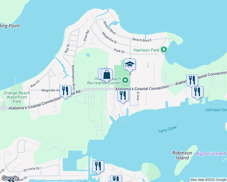 map of restaurants, bars, coffee shops, grocery stores, and more near 27185 Sailfish Drive in Orange Beach