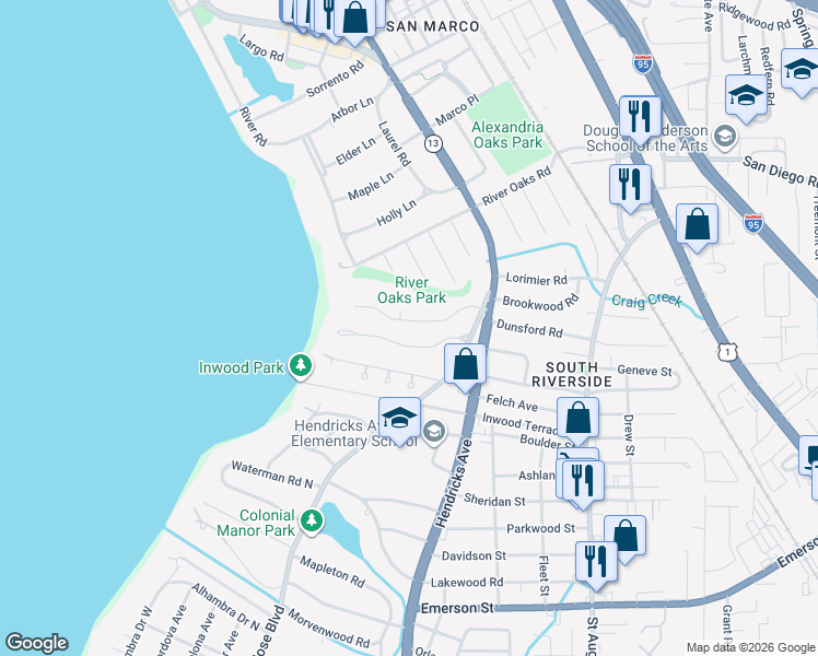 map of restaurants, bars, coffee shops, grocery stores, and more near 1110 Brookwood Road in Jacksonville