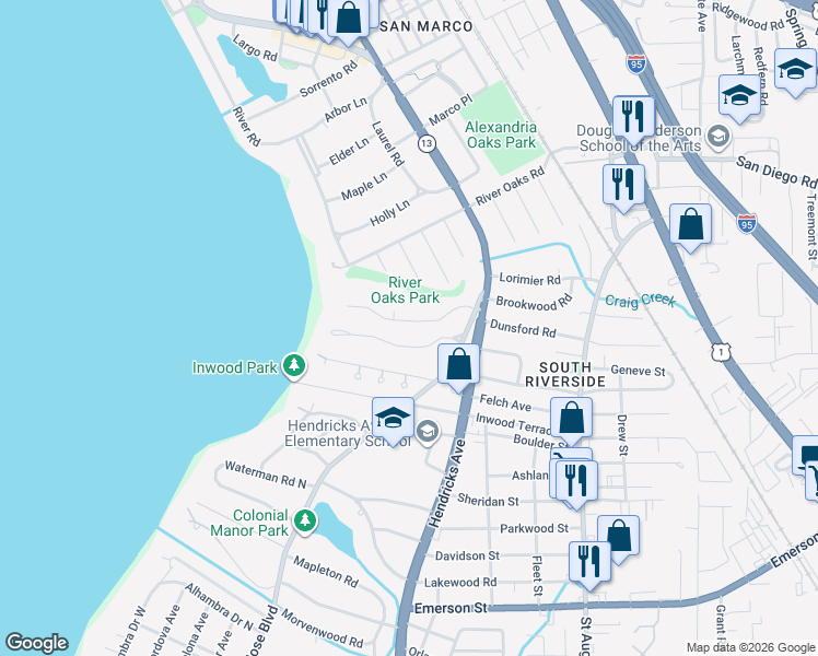 map of restaurants, bars, coffee shops, grocery stores, and more near 1110 Brookwood Road in Jacksonville
