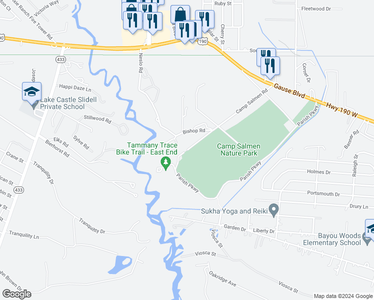 map of restaurants, bars, coffee shops, grocery stores, and more near 35132 Camp Salmen Road in Slidell