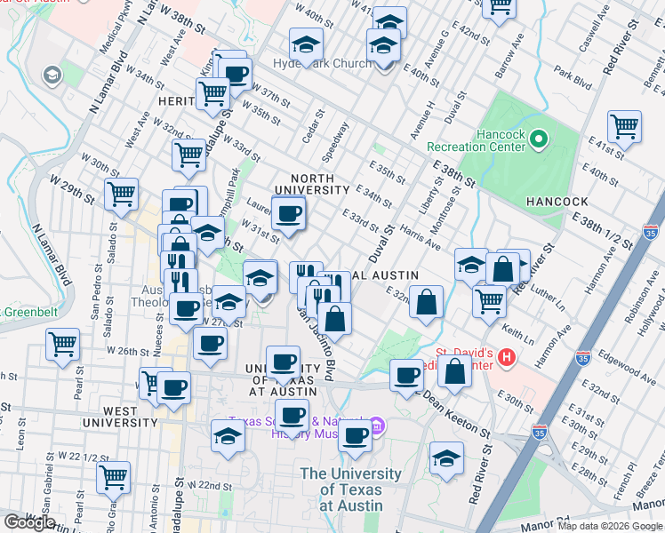 map of restaurants, bars, coffee shops, grocery stores, and more near 3111 Tom Green Street in Austin