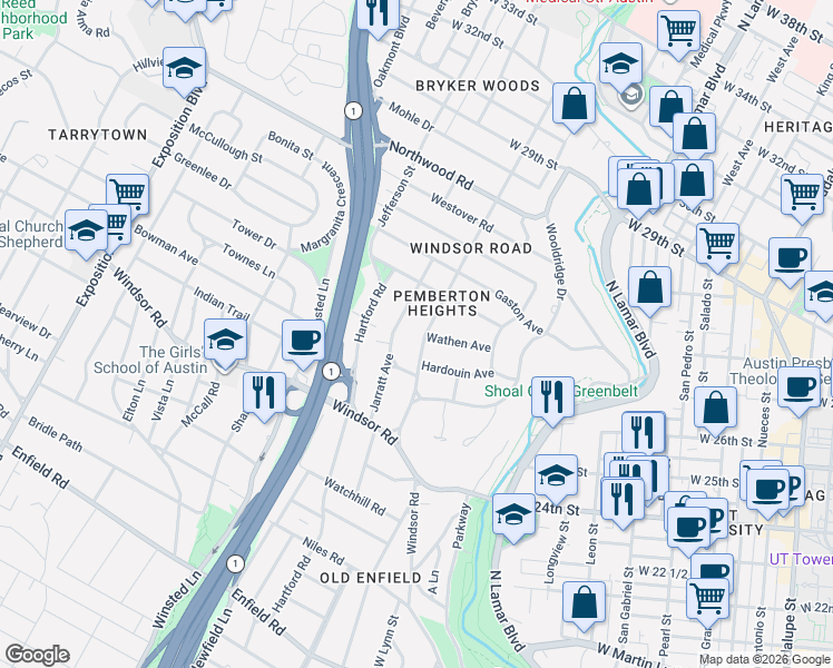 map of restaurants, bars, coffee shops, grocery stores, and more near 2514 Harris Boulevard in Austin