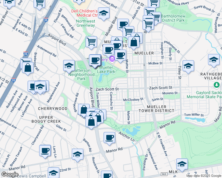 map of restaurants, bars, coffee shops, grocery stores, and more near Camacho St & Zach Scott St in Austin