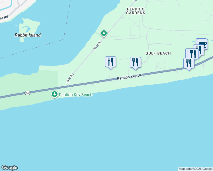 map of restaurants, bars, coffee shops, grocery stores, and more near 14587 Perdido Key Drive in Pensacola