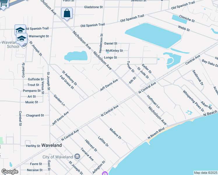 map of restaurants, bars, coffee shops, grocery stores, and more near 507 Jeff Davis Avenue in Waveland