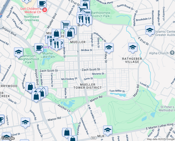 map of restaurants, bars, coffee shops, grocery stores, and more near 2607 Zach Scott Street in Austin