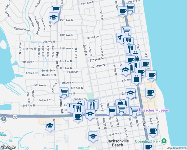 map of restaurants, bars, coffee shops, grocery stores, and more near 922 7th Avenue North in Jacksonville Beach