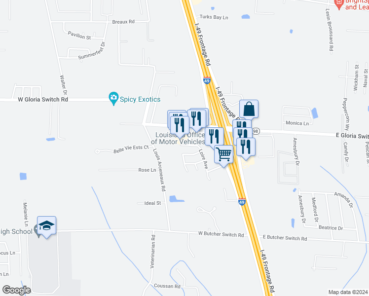 map of restaurants, bars, coffee shops, grocery stores, and more near 106 Cantal Drive in Lafayette