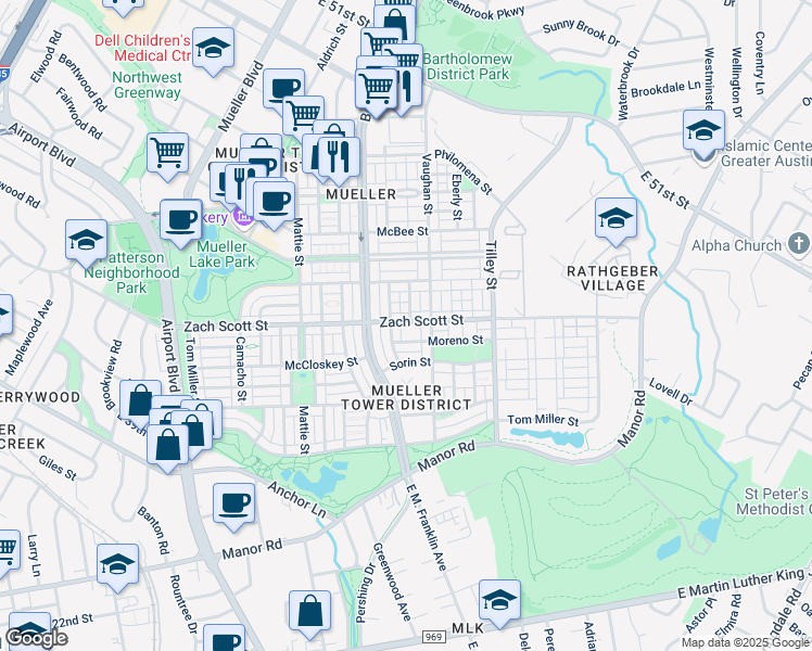 map of restaurants, bars, coffee shops, grocery stores, and more near 2607 Zach Scott Street in Austin