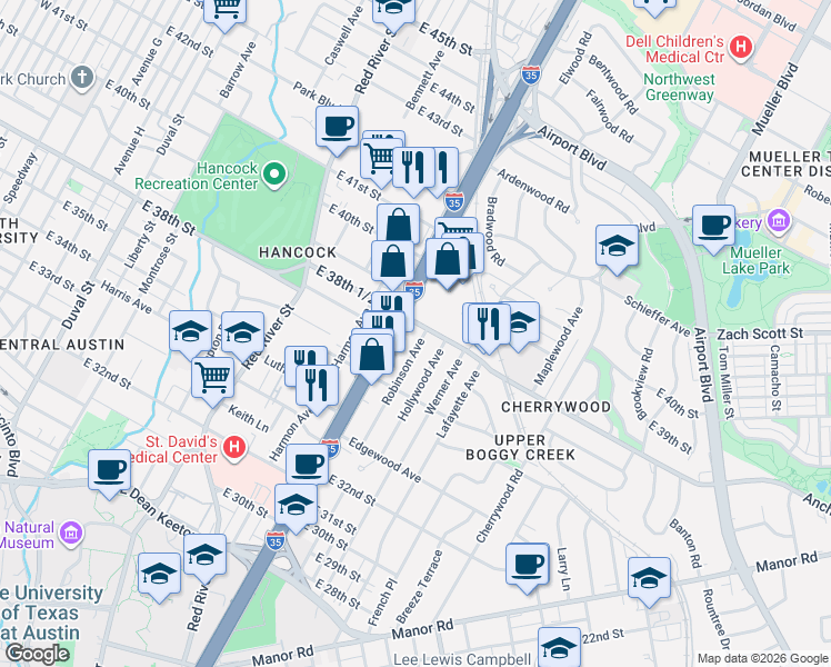 map of restaurants, bars, coffee shops, grocery stores, and more near 3712 Robinson Avenue in Austin