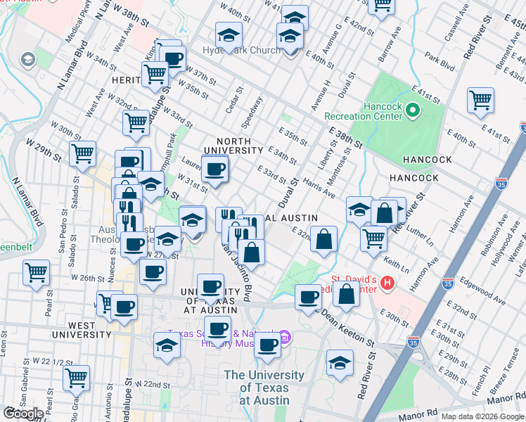 map of restaurants, bars, coffee shops, grocery stores, and more near 3111 Tom Green Street in Austin