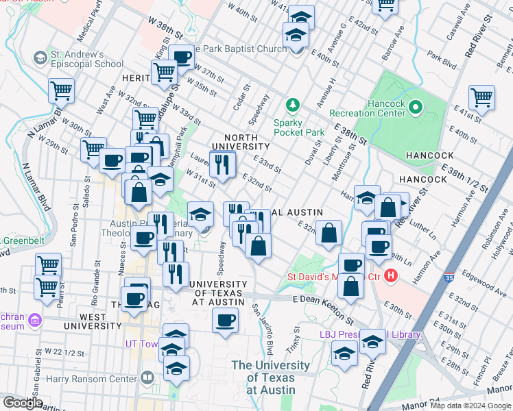 map of restaurants, bars, coffee shops, grocery stores, and more near 3111 Tom Green Street in Austin