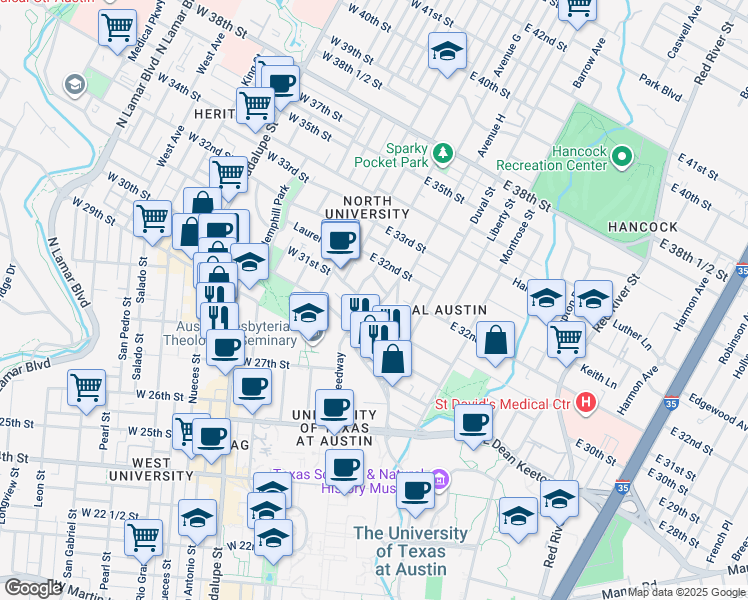map of restaurants, bars, coffee shops, grocery stores, and more near 3006 Speedway in Austin