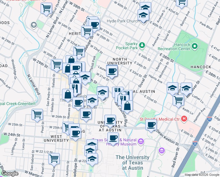 map of restaurants, bars, coffee shops, grocery stores, and more near 105 East 30th Street in Austin