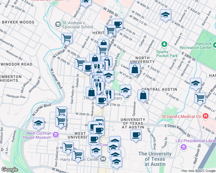 map of restaurants, bars, coffee shops, grocery stores, and more near 2808 Whitis Avenue in Austin